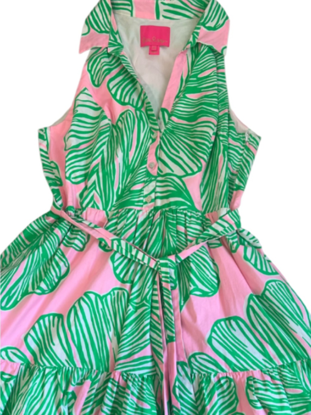 Lilly Pulitzer Pink Dress with Green Leaf Print Halter Tie Waist - Picture 4 of 8